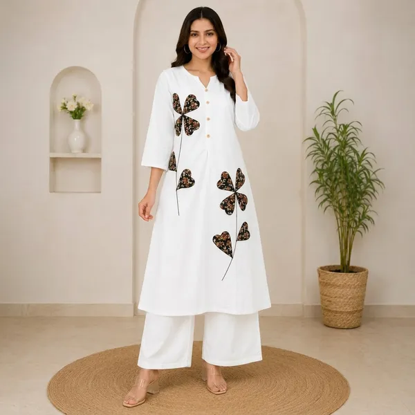 White_Cotton_Applique_Work_Kurta_Set_For_Women