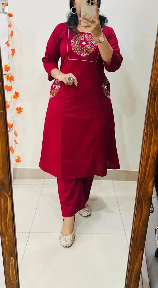 Red_Cotton_Flex_Embroidered_Straight_Kurta_Set_For_Women
