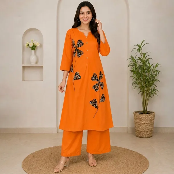 Orange_Cotton_A-Line_Embroidered_Kurta_Set_For_Women