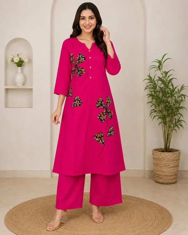Pink_Cotton_A-Line_Butterfly_Embroidered_Kurta_Set_For_Women