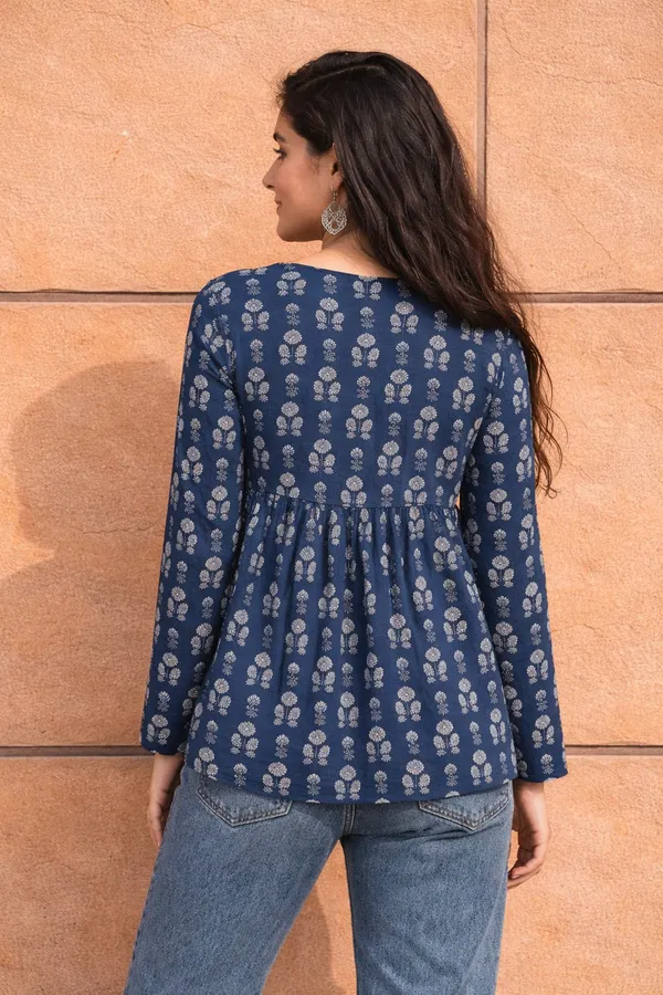 Navy_Cotton_Floral_Block_Print_Flared_Top_For_Women