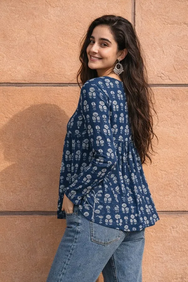 Navy_Cotton_Floral_Block_Print_Flared_Top_For_Women