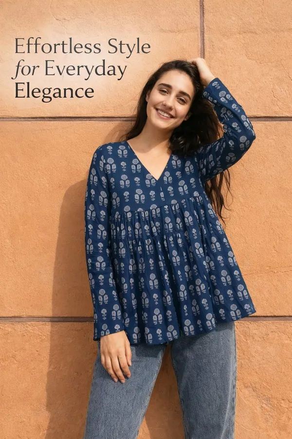 Navy_Cotton_Floral_Block_Print_Flared_Top_For_Women