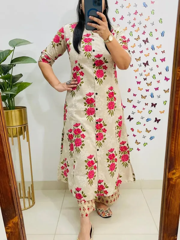 White_Cotton_A-Line_Floral_Print_Kurta_Set_For_Women