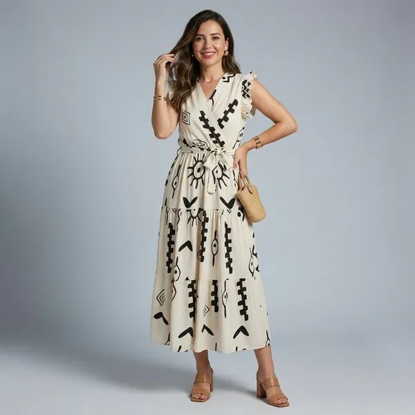 White_Soft_Rayon_Printed_Midi_Dress_For_Women