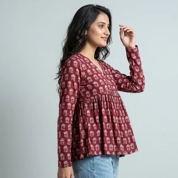 Red_Cotton_Floral_Block_Print_Flared_Top_For_Women