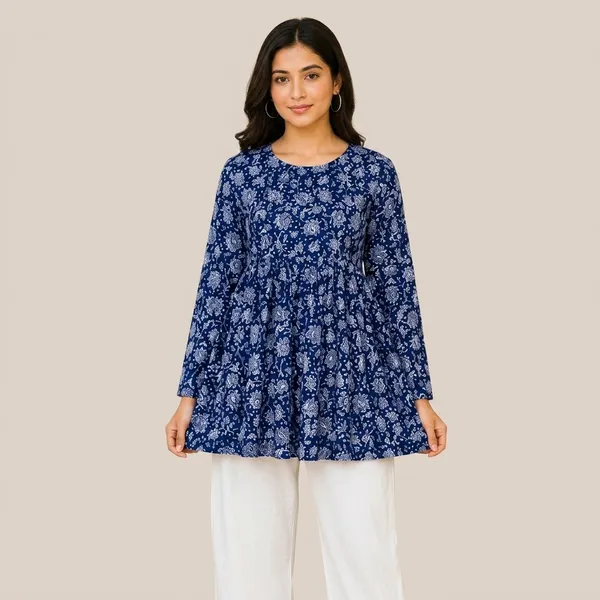 Blue_Cotton_Floral_Print_Flared_Tunic_Top_For_Women
