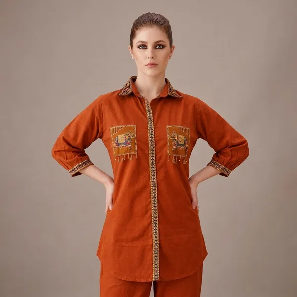 Orange_Cotton_Shirt_Style_Kurta_For_Women