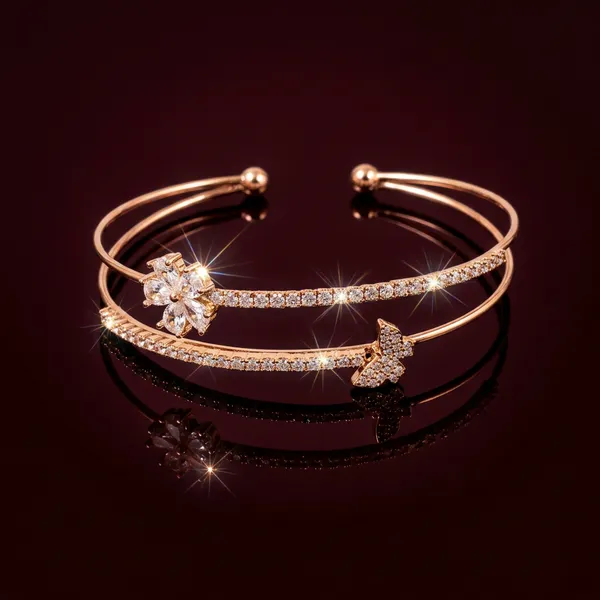 Rose_gold_open_cuff_double_bangle_-_Open_cuff_-_Diamond-cut_texture+butterfly_charm
