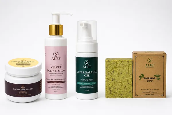 Alef_Skincare_Essentials_Set_with_Coffee_Polish,_Velvet_Lotion,_Clear_Balance_Gel_and_Moringa_Soap