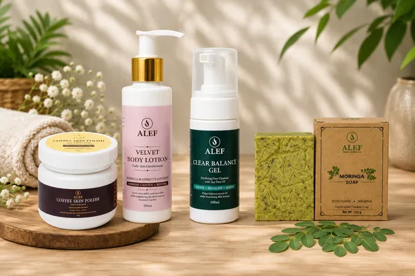 Alef_Skincare_Essentials_Set_with_Coffee_Polish,_Velvet_Lotion,_Clear_Balance_Gel_and_Moringa_Soap