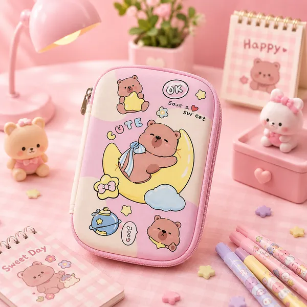 Pink_Polyester_Kawaii_Bear_Print_Zipper_Pencil_Pouch_For_Girls