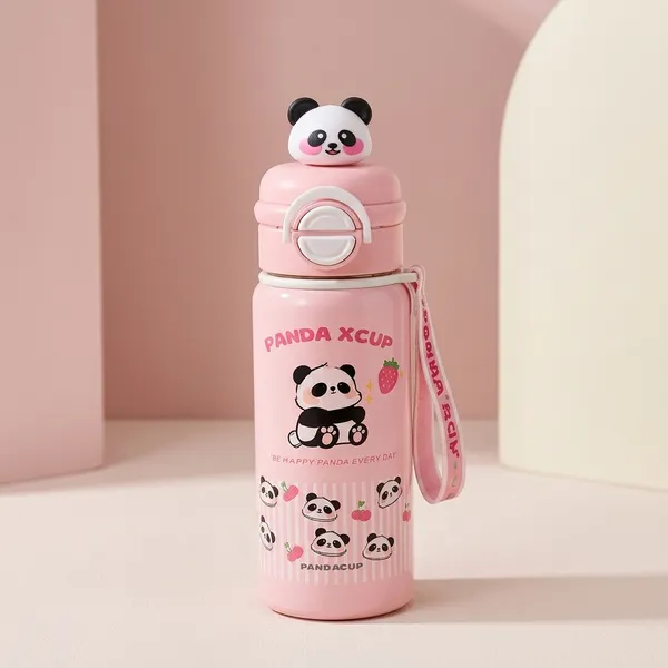Pink_Stainless_Steel_Panda_Print_Water_Bottle_With_Straw_For_Kids
