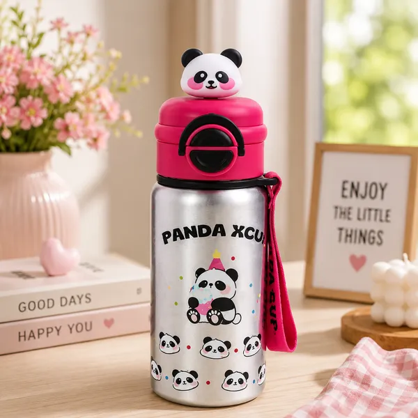 White_Stainless_Steel_Panda_Print_Insulated_Water_Bottle_With_Sipper_For_Kids