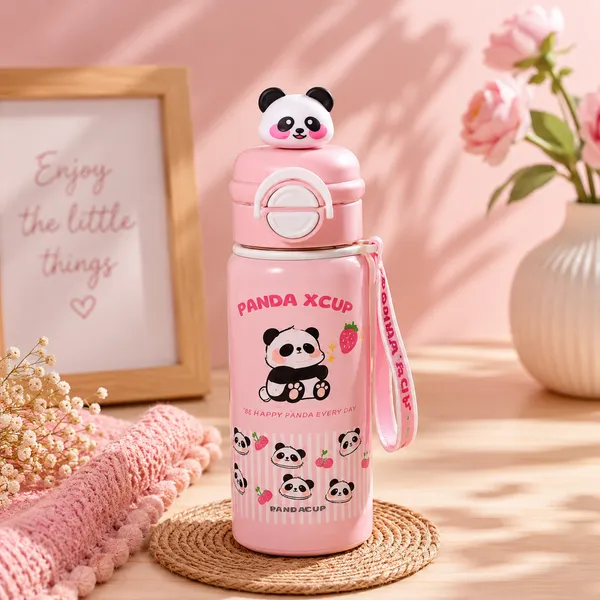 Pink_Stainless_Steel_Panda_Print_Water_Bottle_With_Straw_For_Kids