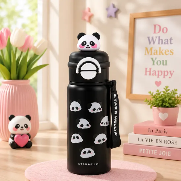Black_Stainless_Steel_Panda_Print_Water_Bottle_With_Carry_Strap_For_Women