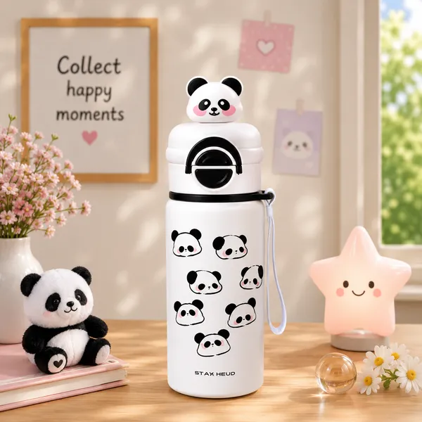 White_Stainless_Steel_Panda_Print_Water_Bottle_For_Kids