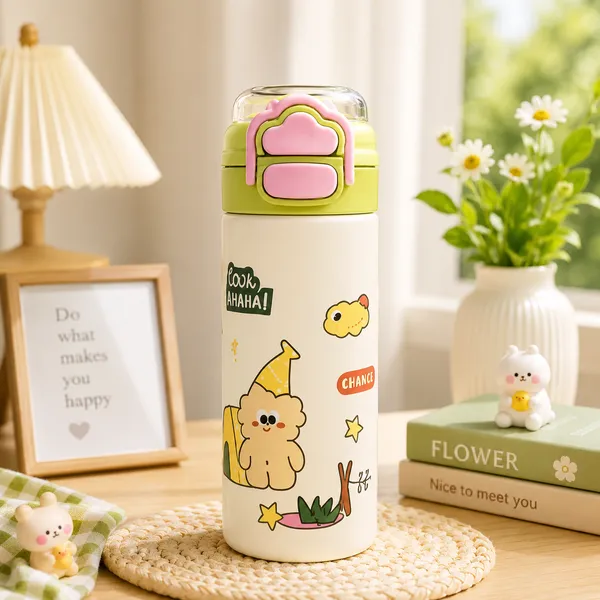 White_Stainless_Steel_Cartoon_Dog_Print_Insulated_Water_Bottle_For_Kids
