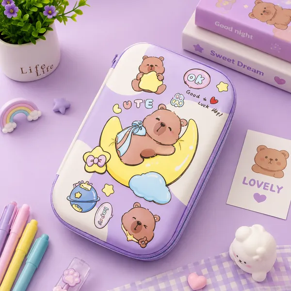 Purple_Polyester_Cute_Bear_Print_Zipper_Pencil_Pouch_For_Kids