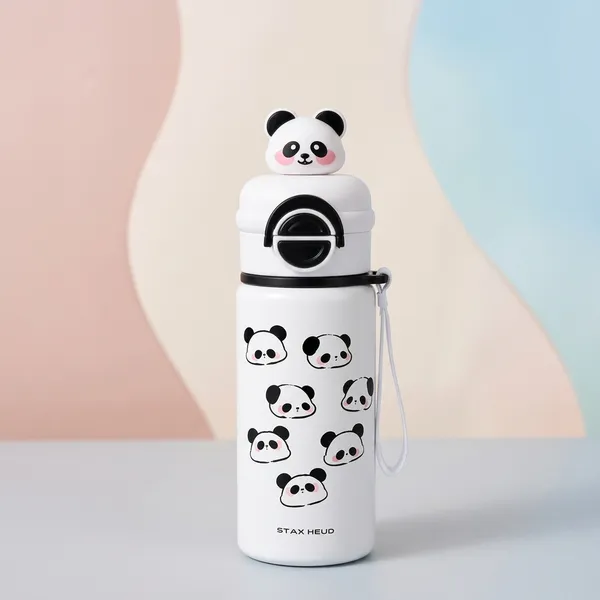 White_Stainless_Steel_Panda_Print_Water_Bottle_For_Kids