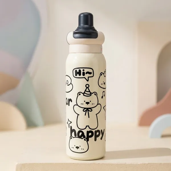 White_Stainless_Steel_Cartoon_Print_Insulated_Water_Bottle_For_Kids