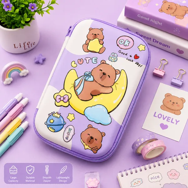 Purple_Polyester_Cute_Bear_Print_Zipper_Pencil_Pouch_For_Kids