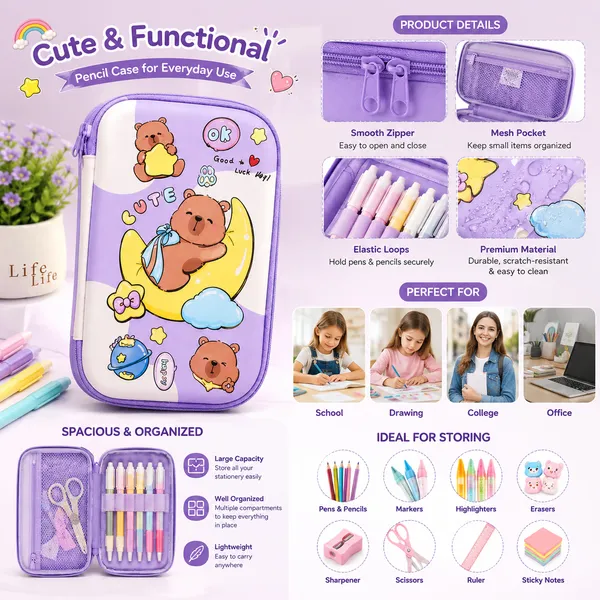Purple_Polyester_Cute_Bear_Print_Zipper_Pencil_Pouch_For_Kids