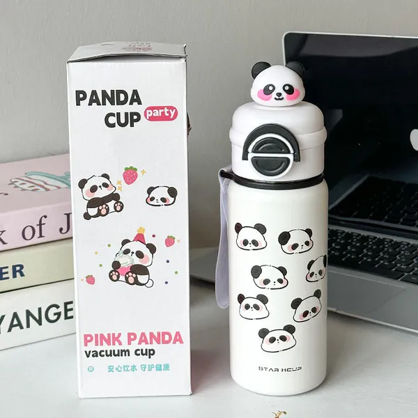 Black_Stainless_Steel_Panda_Print_Water_Bottle_With_Carry_Strap_For_Women