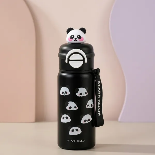 Black_Stainless_Steel_Panda_Print_Water_Bottle_With_Carry_Strap_For_Women