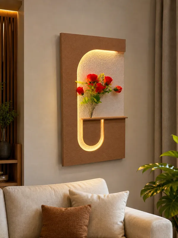 Cream_And_Brown_Ply_And_Mdf_With_Texture_Paint_Decorative_Wall_Mounted_Wall_Decor_With_Led_Light