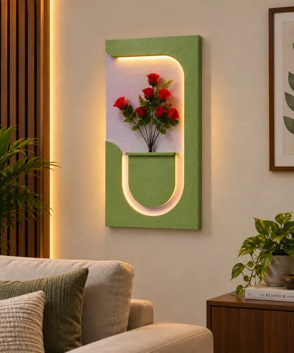 Cream_And_Green_Ply_And_Mdf_With_Texture_Paint_Decorative_Wall_Mounted_Wall_Decor_With_Led_Light
