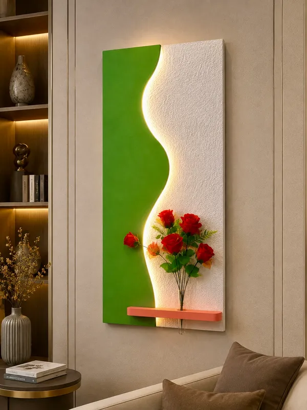 Cream_And_Green_Ply_And_Mdf_With_Texture_Paint_Decorative_Wall_Mounted_Wall_Decor_With_Led_Light