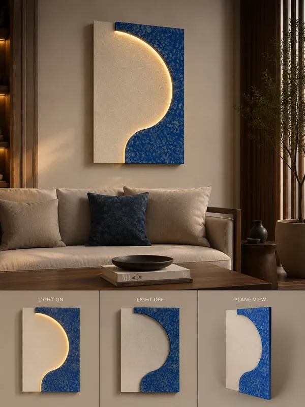 Cream_And_Blue_Ply_And_Mdf_With_Texture_Paint_Decorative_Wall_Mounted_Wall_Decor_With_Led_Light