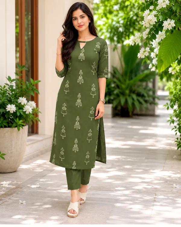 Olive_Green_Cotton_Straight_Fit_Floral_Print_Kurta_Set_For_Women