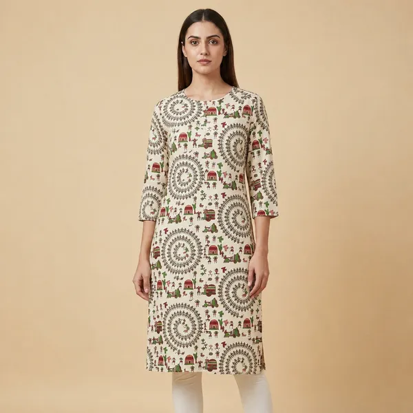 Multicolor_Cotton_Straight_Warli_Print_Kurta_For_Women