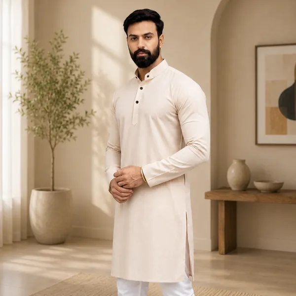 Beige_Cotton_Straight_Fit_Mandarin_Collar_Kurta_For_Men