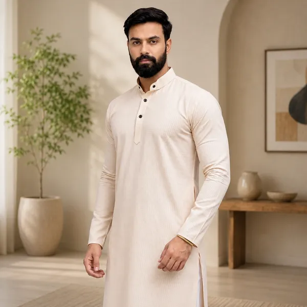 Beige_Cotton_Straight_Fit_Mandarin_Collar_Kurta_For_Men