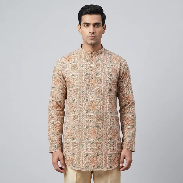 Beige_Cotton_Straight_Geometric_Tile_Print_Kurta_For_Men