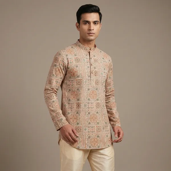 Beige_Cotton_Straight_Geometric_Tile_Print_Kurta_For_Men