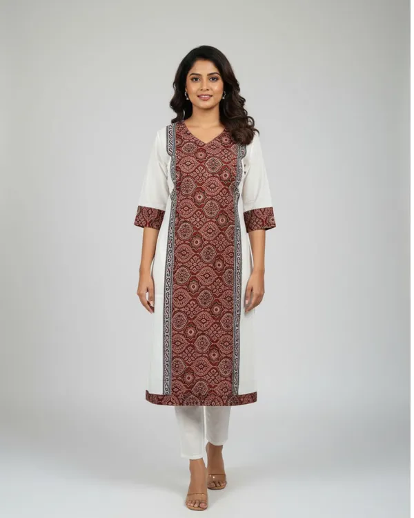 Maroon_White_Cotton_Straight_Fit_Geometric_Print_Kurta_For_Women