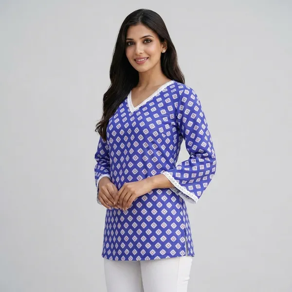 Blue_Cotton_Geometric_Print_V-Neck_Top_For_Women
