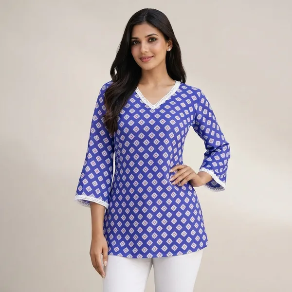 Blue_Cotton_Geometric_Print_V-Neck_Top_For_Women