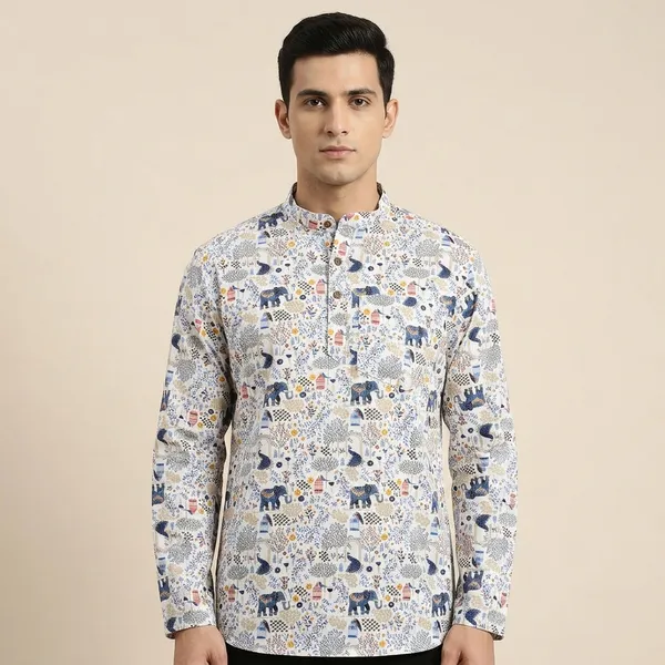 White_Cotton_Regular_Fit_Elephant_Print_Shirt_For_Men