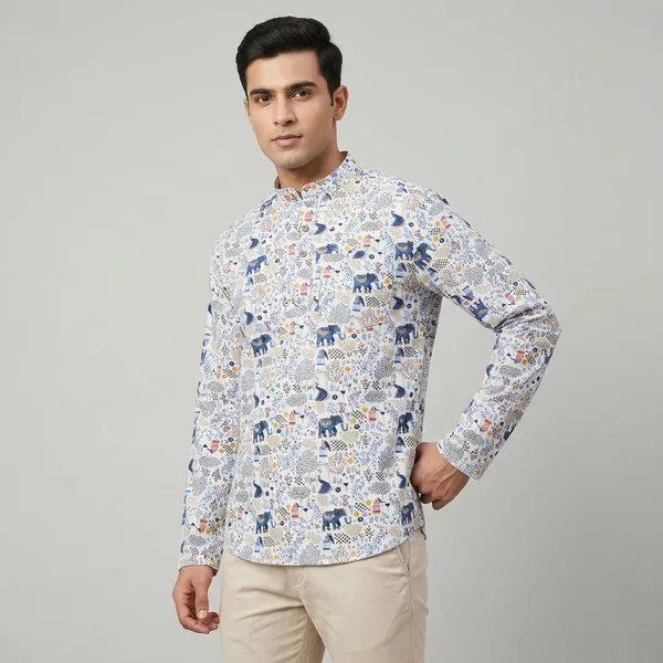 White_Cotton_Regular_Fit_Elephant_Print_Shirt_For_Men