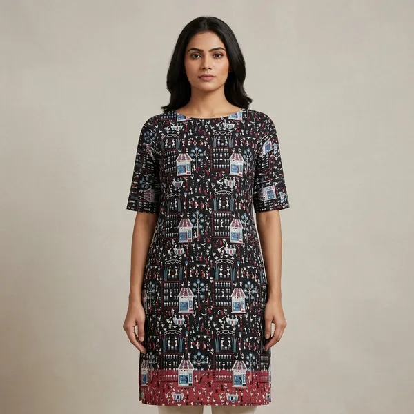 Black_Cotton_Straight_Warli_Print_Kurta_For_Women