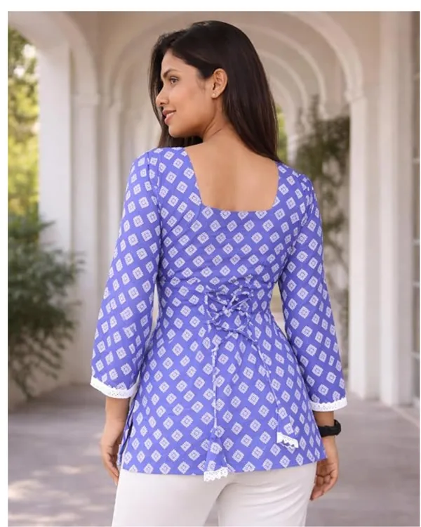Blue_Cotton_Geometric_Print_V-Neck_Top_For_Women