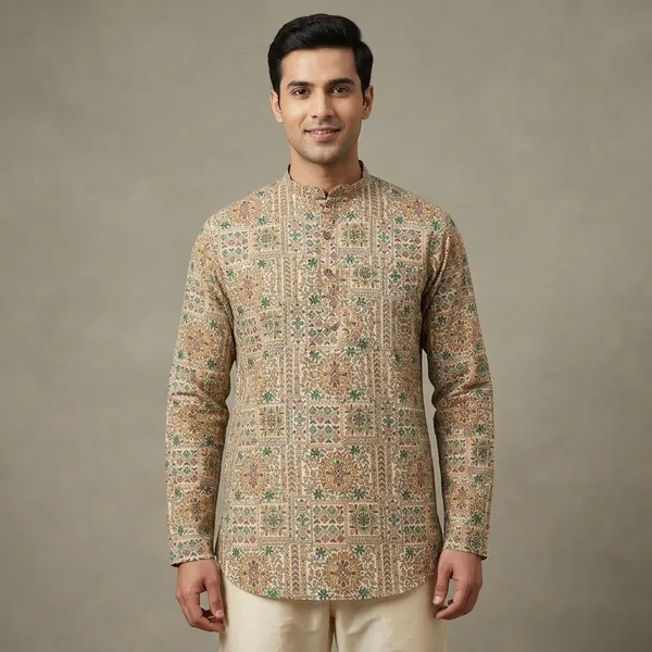 Beige_Cotton_Straight_Block_Print_Kurta_For_Men
