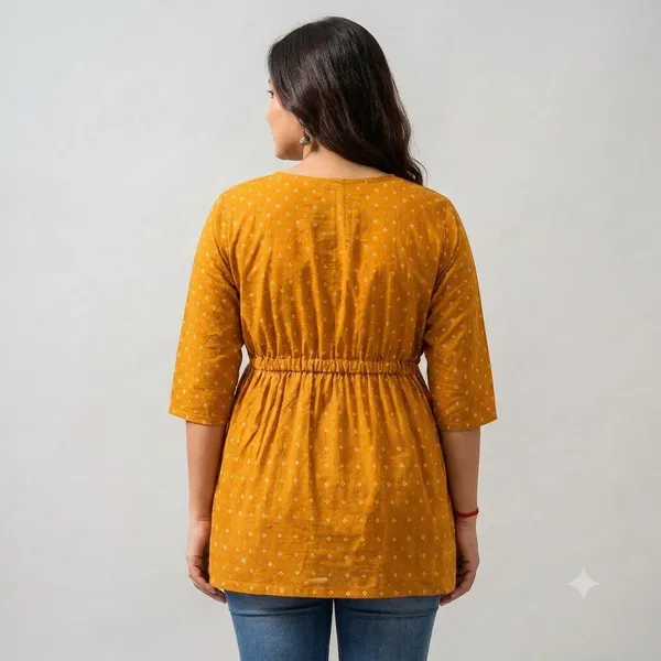 Mustard_Yellow_Cotton_Gathered_Waist_Geometric_Print_Tunic_For_Women