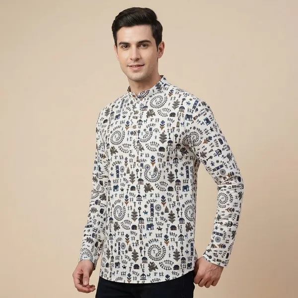 White_Cotton_Straight_Warli_Print_Shirt_For_Men