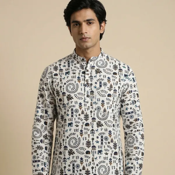 White_Cotton_Straight_Warli_Print_Shirt_For_Men